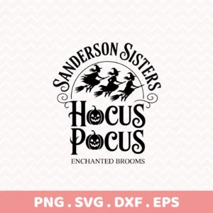 A Hocus Pocus Cricut design featuring the Sanderson Sisters flying on broomsticks, intended for Halloween-themed cutting projects.