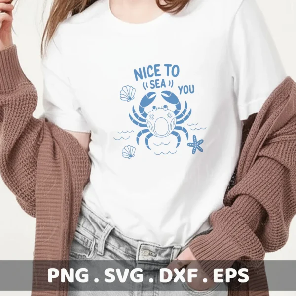 Pool Party Cricut File: "Nice to Sea You" crab design for summer vacation shirt vinyl cutting.