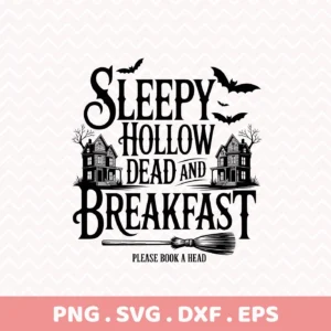 Sleepy Hollow themed Halloween Cricut design featuring haunted houses, bats, and a broom, perfect for cutting or screen printing onto t-shirts.