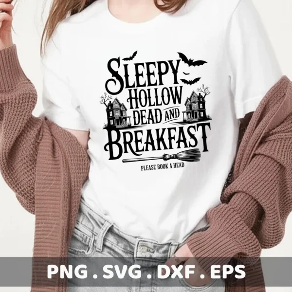 A Sleepy Hollow themed Cricut design featuring a haunted house, bats, and a broom, perfect for creating Halloween t-shirts using cutting machines.