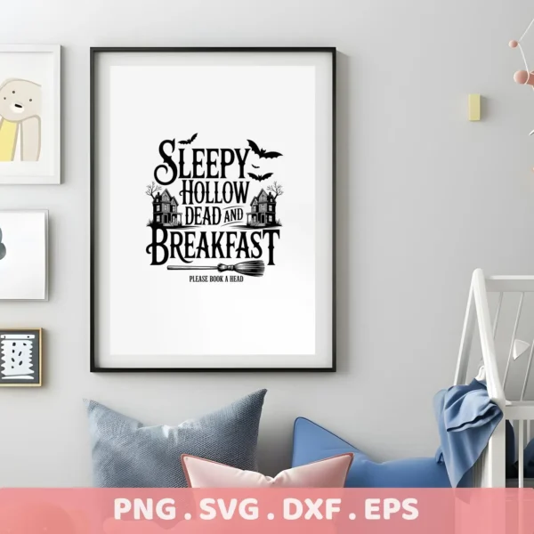 A Sleepy Hollow themed Halloween Cricut design featuring a haunted house, bats, and a broom, perfect for cutting or screen printing onto t-shirts and other apparel.