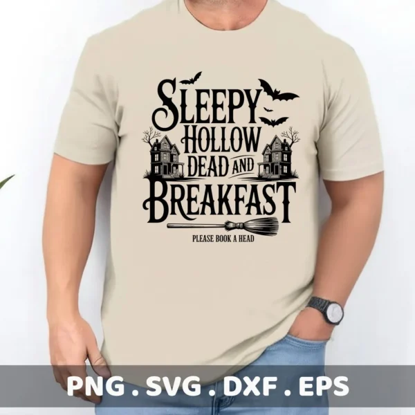 Sleepy Hollow Cricut design featuring a Halloween-themed "Dead and Breakfast" t-shirt design; SVG, PNG, DXF, and EPS files for cutting and serigraphy.