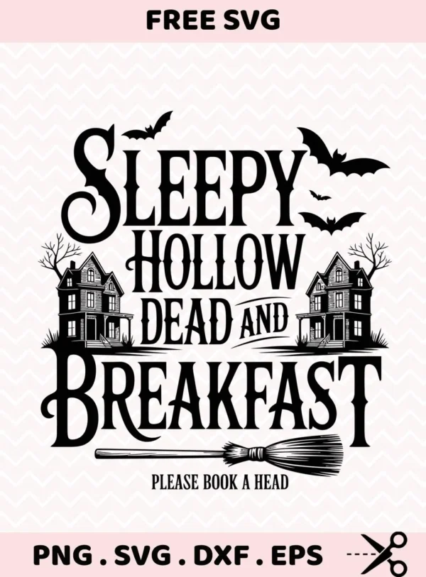 A Sleepy Hollow themed Halloween SVG design featuring haunted houses, bats, and a broom, perfect for Cricut cutting or screen printing onto t-shirts.
