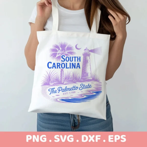 South Carolina Cricut design for a tote bag screen print with a palmetto tree and lighthouse serigraphy stencil.