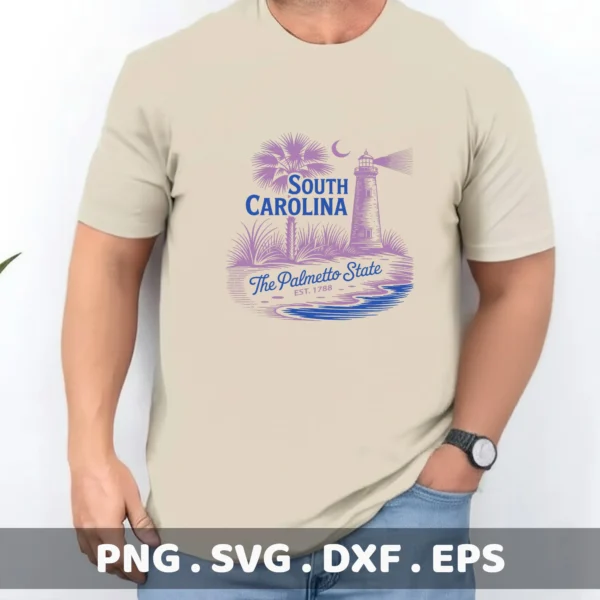 South Carolina Cricut design for a t-shirt screen print featuring a palmetto tree and lighthouse.
