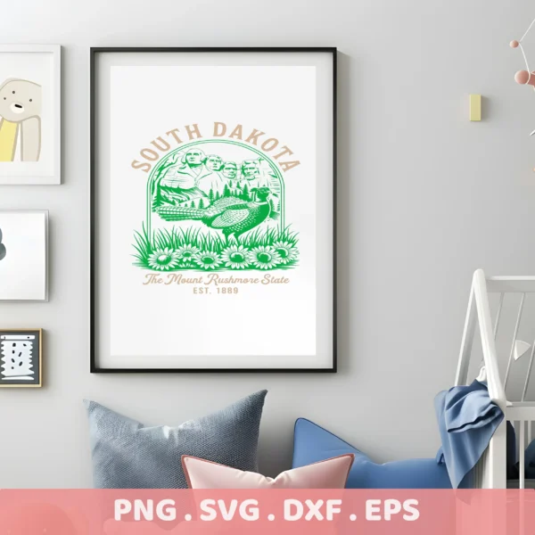South Dakota Cricut design for laser cut wood state souvenir sign with Mount Rushmore and pheasant.