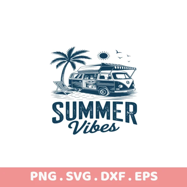 Summer Vibes Camper Van SVG Bundle: Cricut, Silhouette, & Laser Cutter Files. Perfect for screen printing stencils & vinyl cutting.