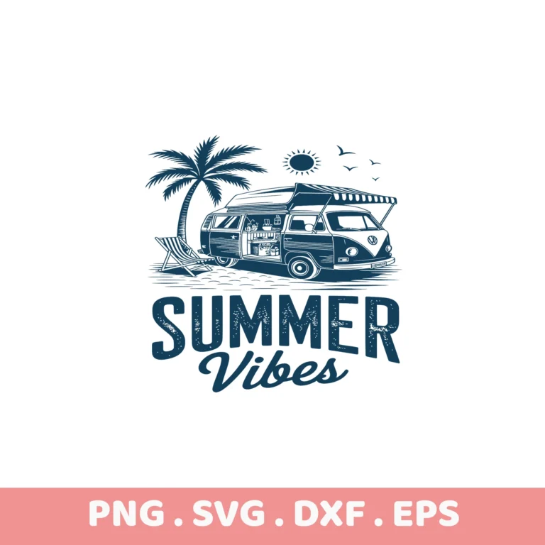 Summer Vibes Camper Van SVG Bundle: Cricut, Silhouette, & Laser Cutter Files. Perfect for screen printing stencils & vinyl cutting.