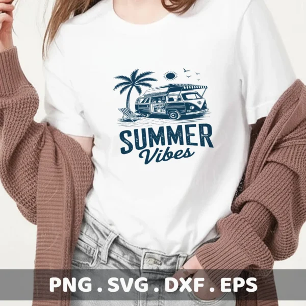 Summer Vibes Camper Van SVG Bundle: Cricut, Silhouette, & Laser Cutter Files.