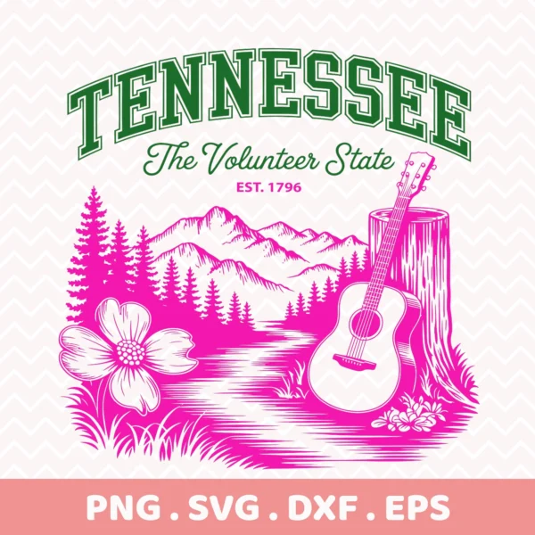 Tennessee guitar Cricut file for vinyl decal cutting, featuring state landscape and flower.