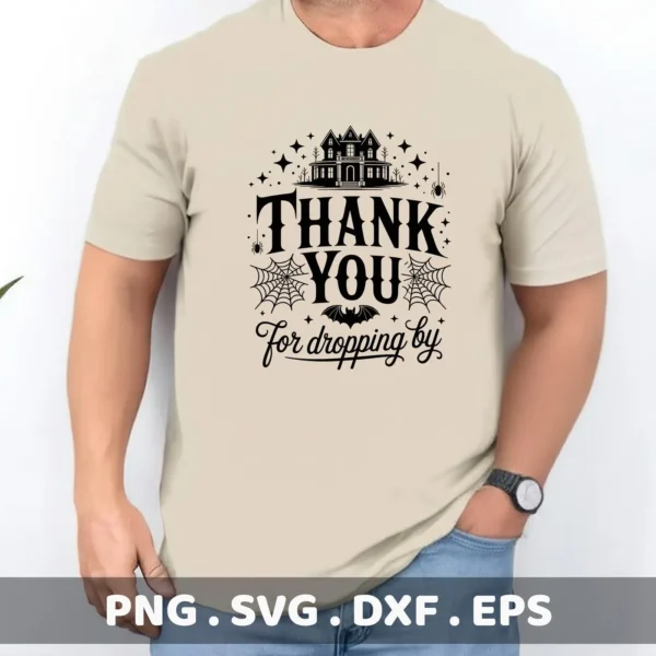 A t-shirt featuring a "Halloween Thank You Cricut" design with a spooky house silhouette, spiderwebs, and a bat, intended for cutting and serigraphy applications.