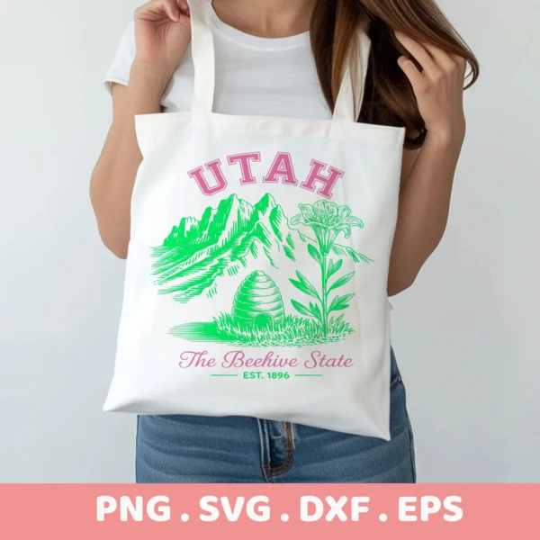 Utah Beehive State SVG design for Cricut, shown as a vinyl decal on a tote bag.