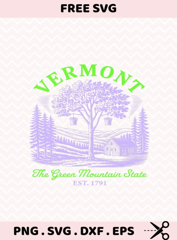 Vermont Maple Cricut design for a wood sign stencil featuring a maple sugaring scene and Green Mountain State cabin.