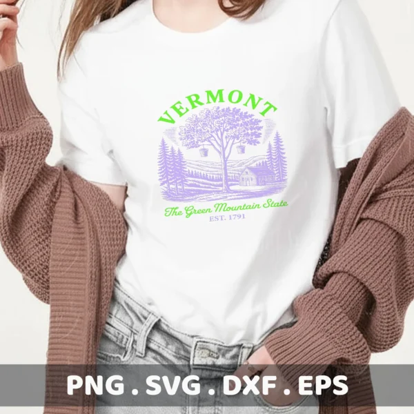 Vermont Maple Cricut design for a t-shirt screen print, featuring a vintage state landscape and maple sugaring scene.
