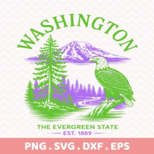 Washington State vinyl decal SVG for Cricut, laser cut wood sign, or screen print stencil featuring an eagle, mountain, and evergreen tree.