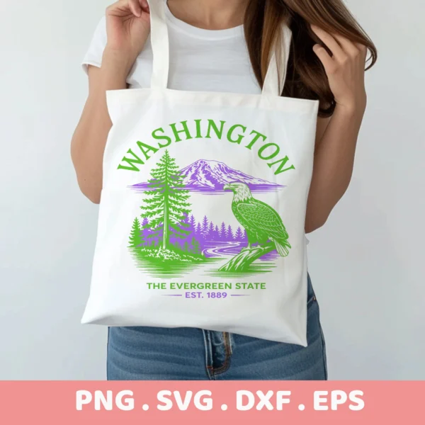 Washington State Vinyl Decal for a tote bag, shown as a screen print design with an eagle and Mount Rainier.