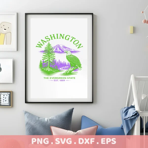 Evergreen State eagle and mountain design for a Washington State vinyl decal, shown as a laser cut wood sign.