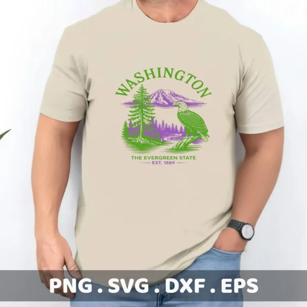 Washington State Vinyl Decal for Cricut, featuring an eagle and Mount Rainier, shown as a screen print design on a t-shirt.