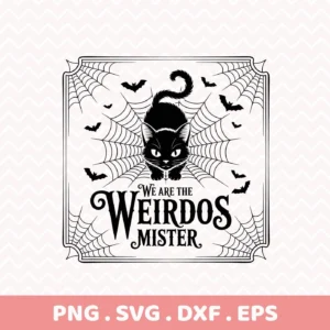 Halloween Weirdos Cricut Design featuring a black cat, bats, and spiderwebs, intended for cutting machines or screen printing.