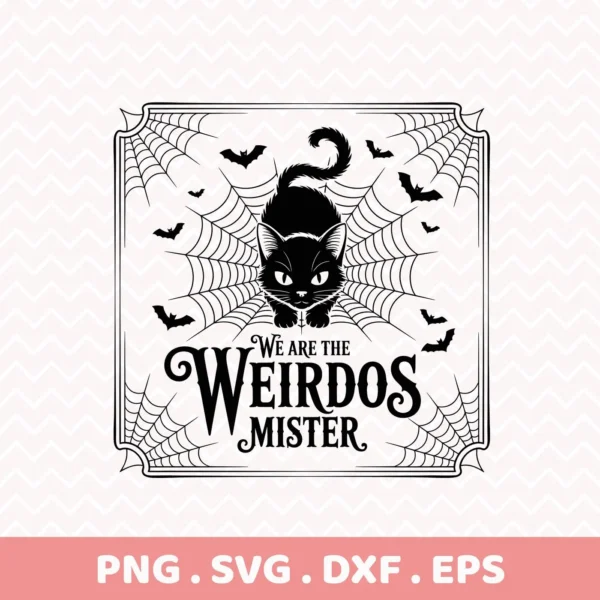 Halloween Weirdos Cricut Design featuring a black cat, bats, and spiderwebs, intended for cutting machines or screen printing.