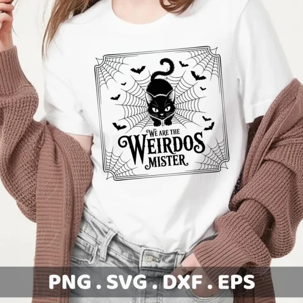 A Halloween Weirdos Cricut Design featuring a black cat, spiderwebs, and bats, intended for cutting machines or screen printing.