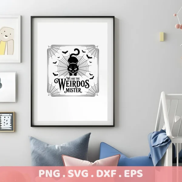 Framed Halloween Weirdos Cricut Design featuring a black cat, bats, and spiderwebs, intended for cutting or serigraphy applications.