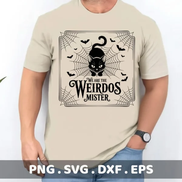 A t-shirt displays a "Halloween Weirdos Cricut Design" featuring a black cat, bats, and spiderwebs, suitable for cutting and serigraphy applications.