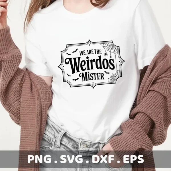 A Halloween-themed "We Are The Weirdos Mister" design with bats and spiderwebs, intended for Cricut cutting and serigraphy applications on apparel or decor.