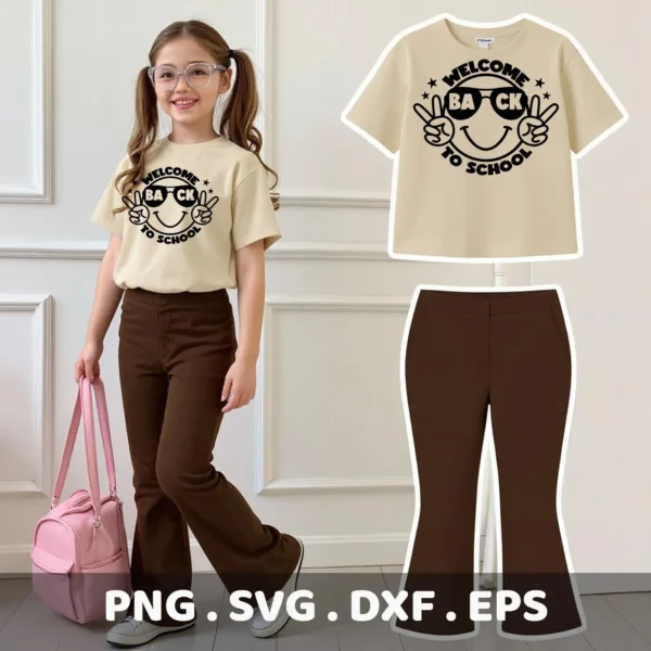Welcome Back To School SVG design on a shirt, shown as a Cricut iron-on transfer.