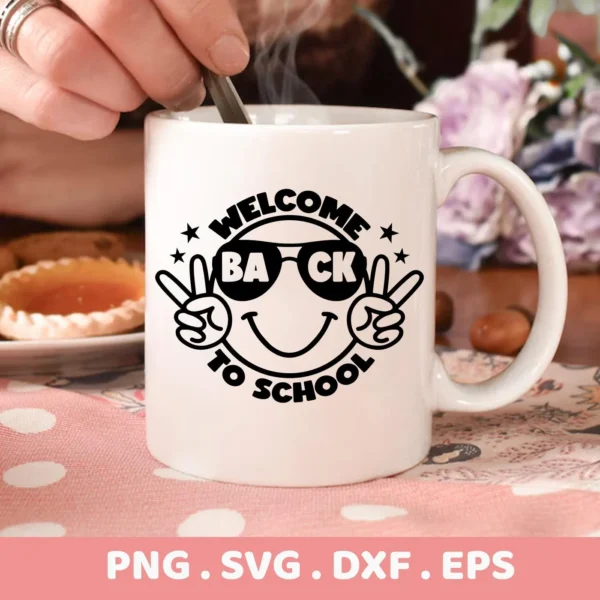 Welcome Back To School SVG" design on a mug, shown as a Cricut decal idea.