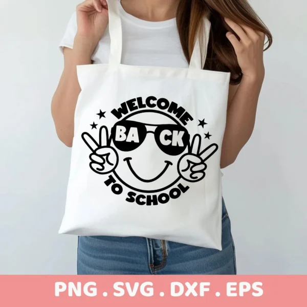 Welcome Back To School SVG" design shown as a Cricut cut file on a tote bag.