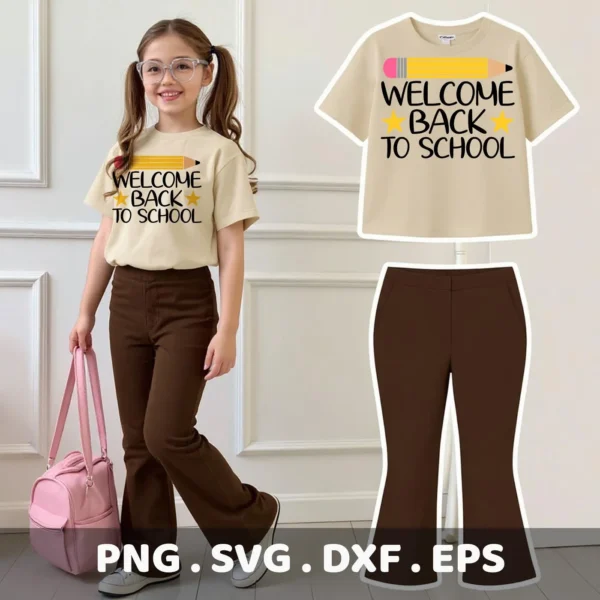 Welcome Back To School SVG design for Cricut, shown on a child's t-shirt.
