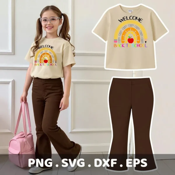 Welcome Back To School" design shown as a Back To School SVG cut file for a Cricut shirt decal.