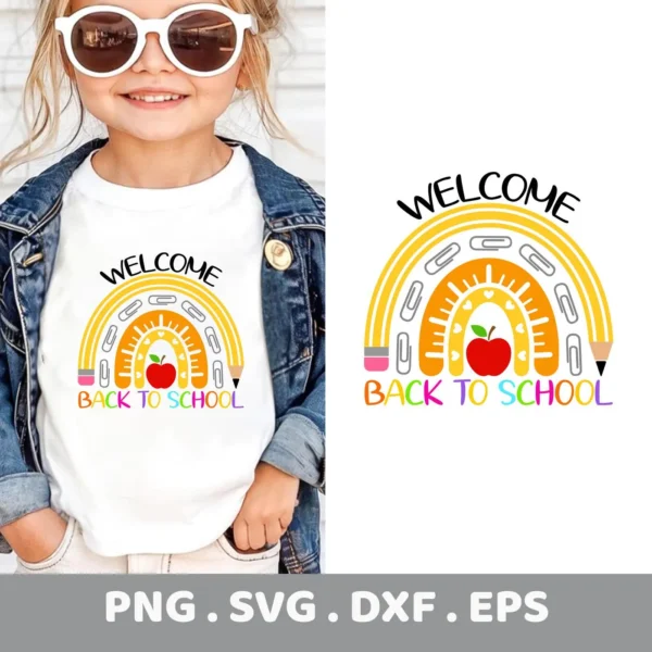 Back To School SVG design for Cricut, shown as a t-shirt decal with a rainbow, apple, and school supply graphic.