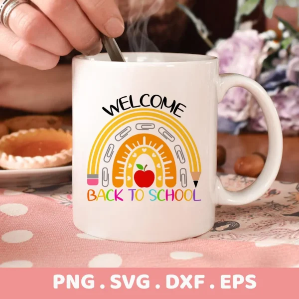 Back To School SVG" rainbow design on a mug, shown as a Cricut vinyl decal.