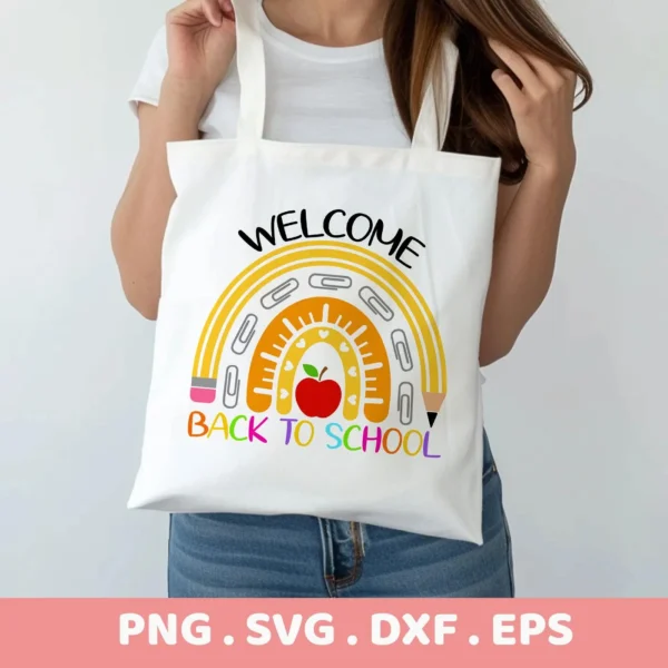 Back To School SVG" design on a tote bag, shown as a Cricut cutting file.