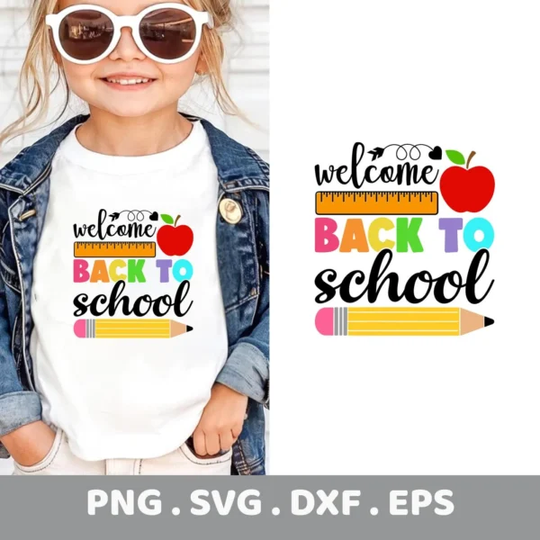 Welcome Back To School SVG design for Cricut vinyl cutting on a child's t-shirt.