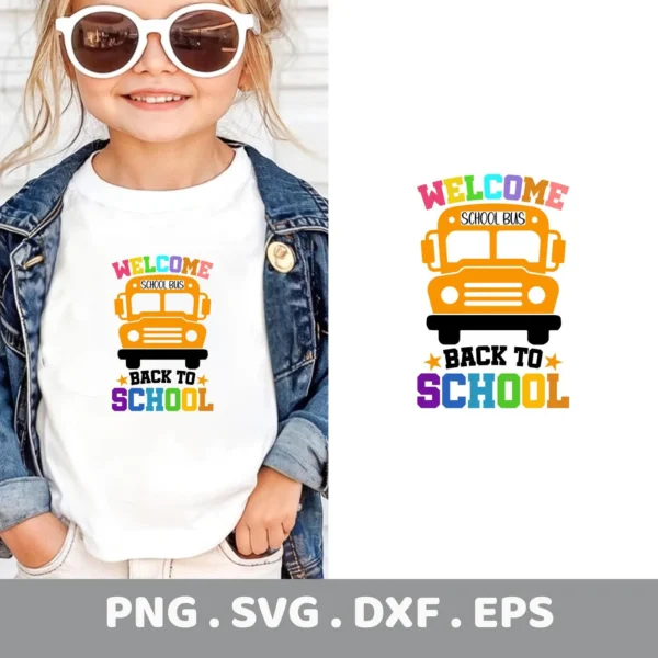 Welcome Back To School SVG" school bus design for Cricut vinyl cutting on a child's t-shirt.