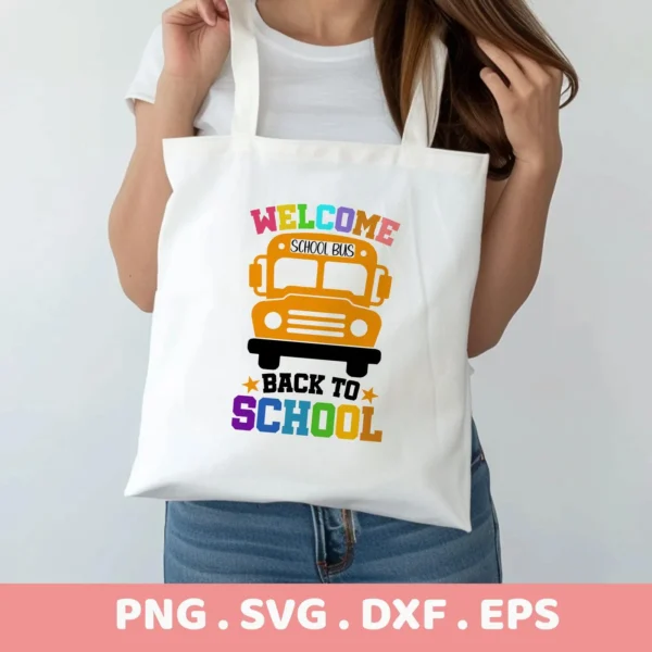 Welcome Back To School SVG on a tote bag, shown as a Cricut iron-on design.