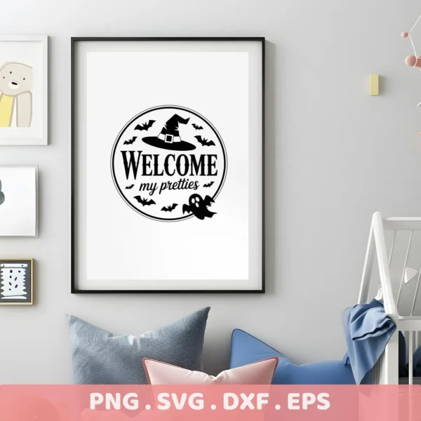 Halloween Witch Hat SVG design featuring a witch's hat, bats, and a ghost in a circular frame, perfect for Cricut cutting or other crafting projects.