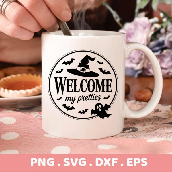 Halloween witch hat SVG design for Cricut, featuring a witch's hat, bats, and a ghost, perfect for creating spooky porch signs or other Halloween crafts.