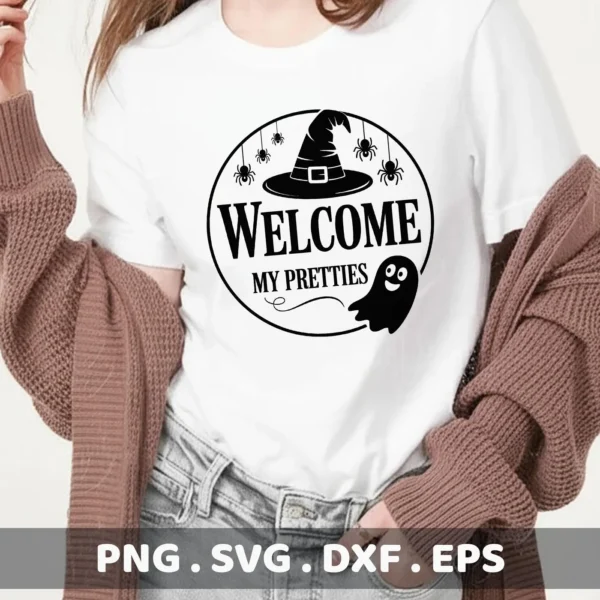 A Halloween door sign Cricut design featuring a witch hat, spiders, a ghost, and the phrase "Welcome My Pretties," intended for cutting and serigraphy applications.