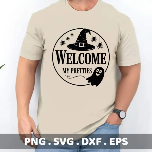 A Halloween door sign Cricut design featuring a witch hat, spiders, a ghost, and the text "Welcome My Pretties," intended for cutting or serigraphy applications.