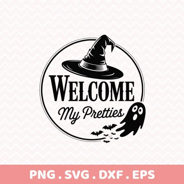 A Halloween Welcome Cricut Design featuring a witch hat, bats, and a ghost, suitable for cutting or serigraphy projects.