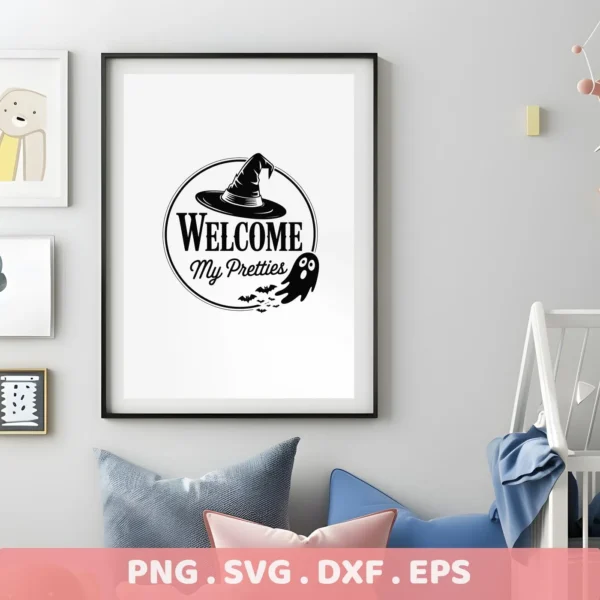 Framed Halloween Welcome Cricut Design featuring a witch hat, ghost, and bats, ideal for cutting and serigraphy projects.