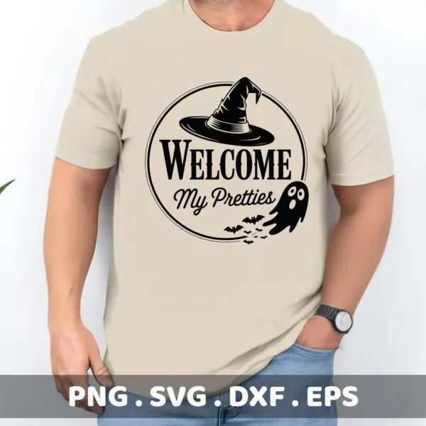 A Halloween Welcome Cricut Design featuring a witch hat, bats, and ghost, intended for cutting or serigraphy applications.
