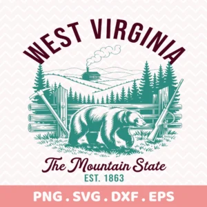 West Virginia Bear SVG for Cricut, a rustic hunting scene laser cut file for WV state pride home decor.