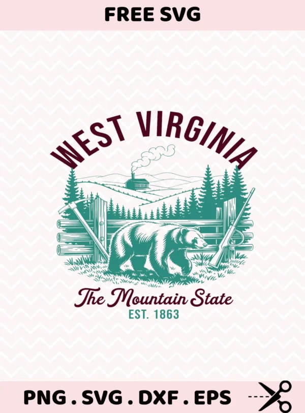 West Virginia Bear SVG for Cricut vinyl decal, hunting cabin laser cut design, or rustic serigraphy stencil.