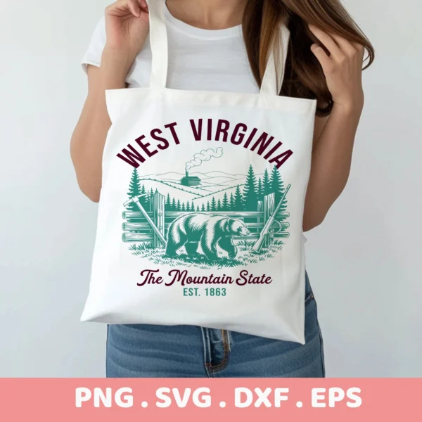 West Virginia Bear SVG design on a tote bag, ideal for Cricut cutting or serigraphy stencil projects.