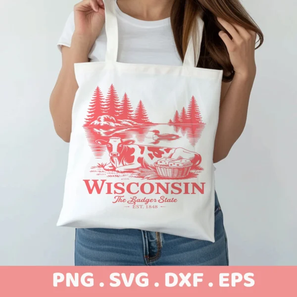 Wisconsin Cow Cricut file for a tote bag screen print; Badger State souvenir design for vinyl cutting.